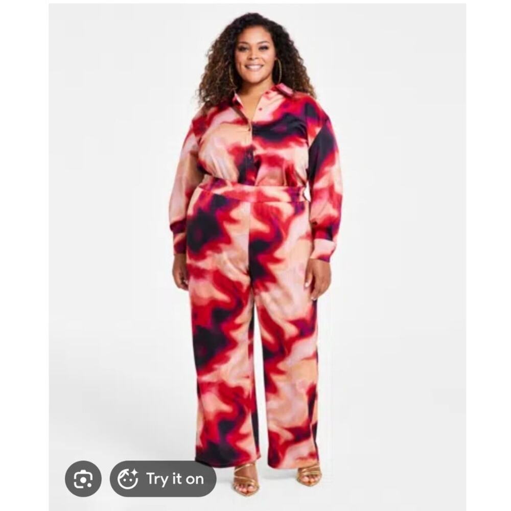 Nina Parker Trendy Wide Leg Dressy Pants Printed Pull On 4X Satin Abstract